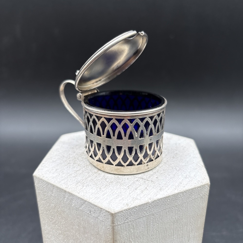 Sterling Silver 925 Mustard Pot Cobalt Blue Glass Liner Openwork Vintage